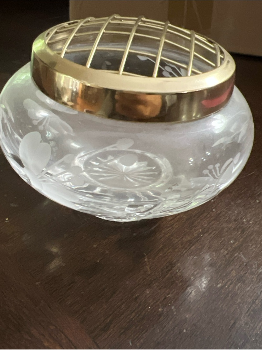 Cut Crystal Flower Frog Vase with Brass Lattice Top - Picture 2 of 9
